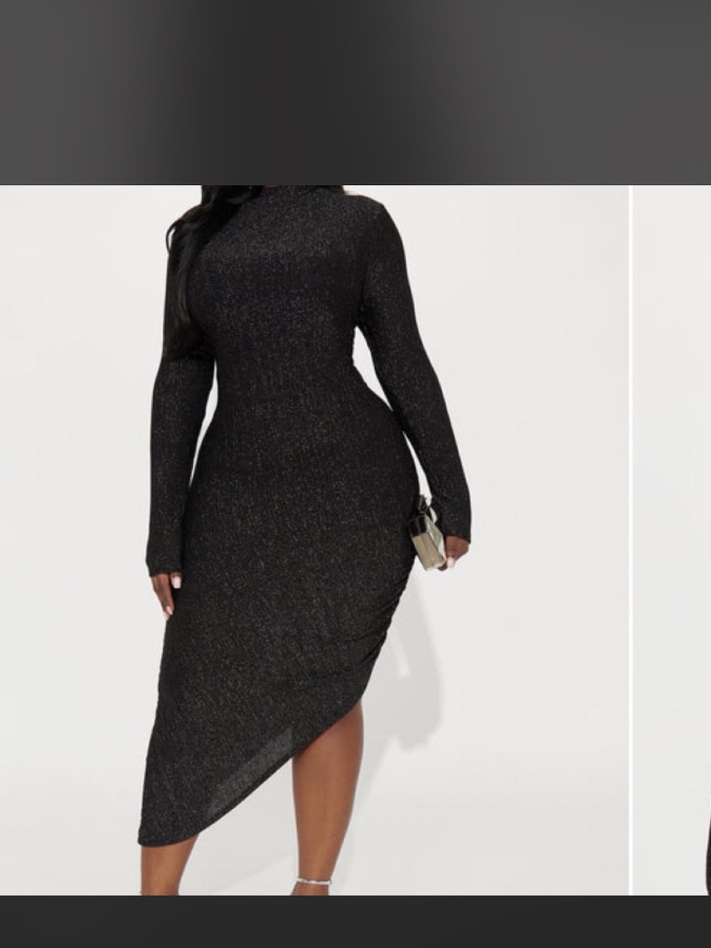 Fashion Nova Black Metallic Asymmetric Midi Dress - Long Sleeve